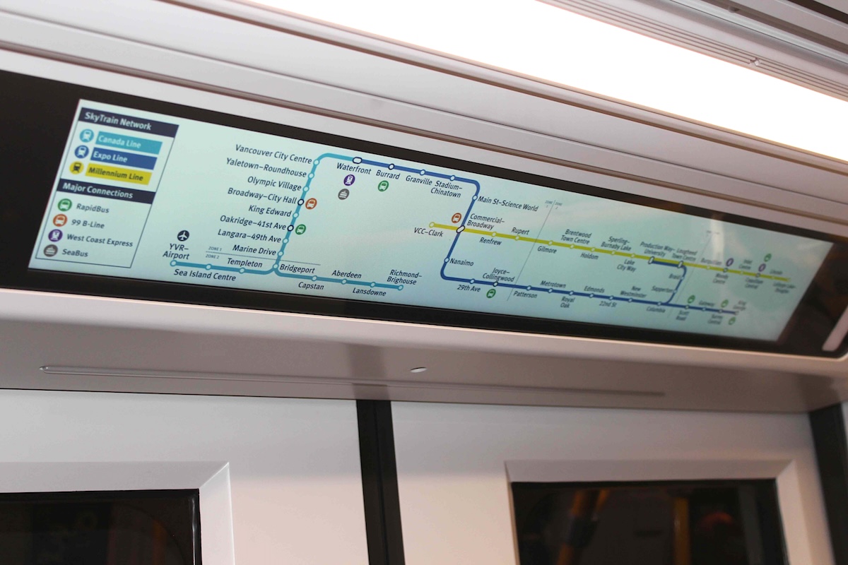 A map of SkyTrain stops installed above the doors on a Mark V train.