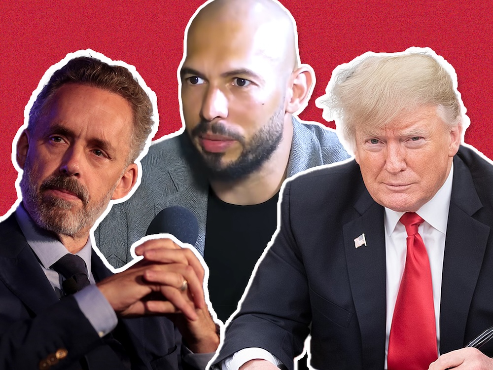 A collage of Jordan Peterson, Andrew Tate and Donald Trump.