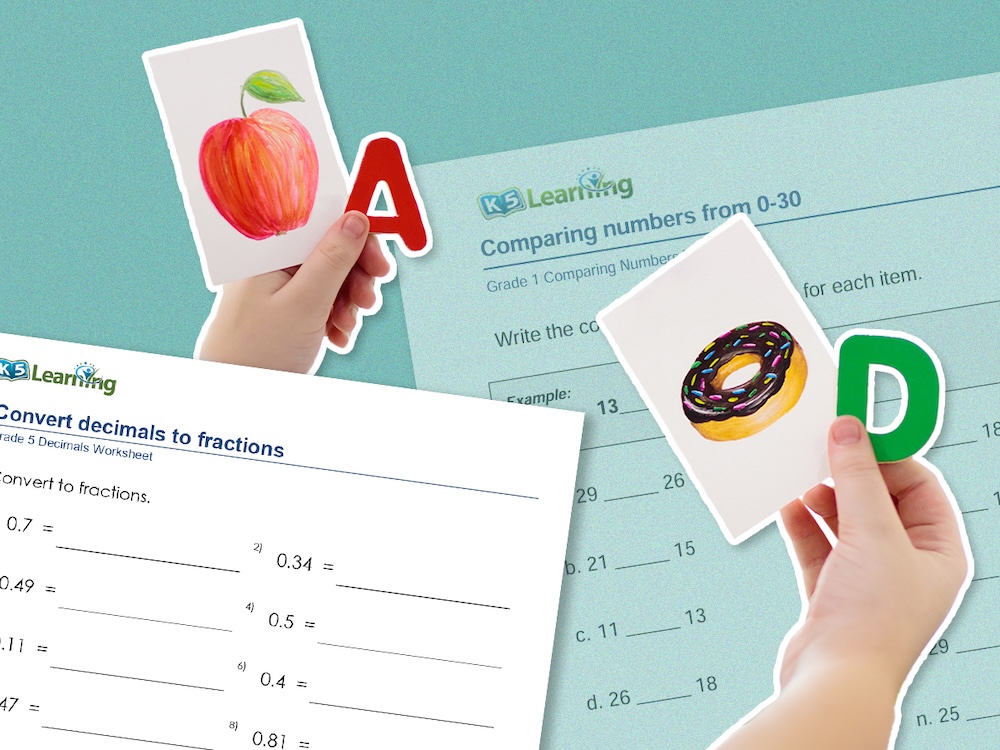 A collage shows two hands holding an &lsquo;A&rsquo; and a picture of an apple, and a &lsquo;D&rsquo; and a picture of a doughnut. In the background, there are two math worksheets.