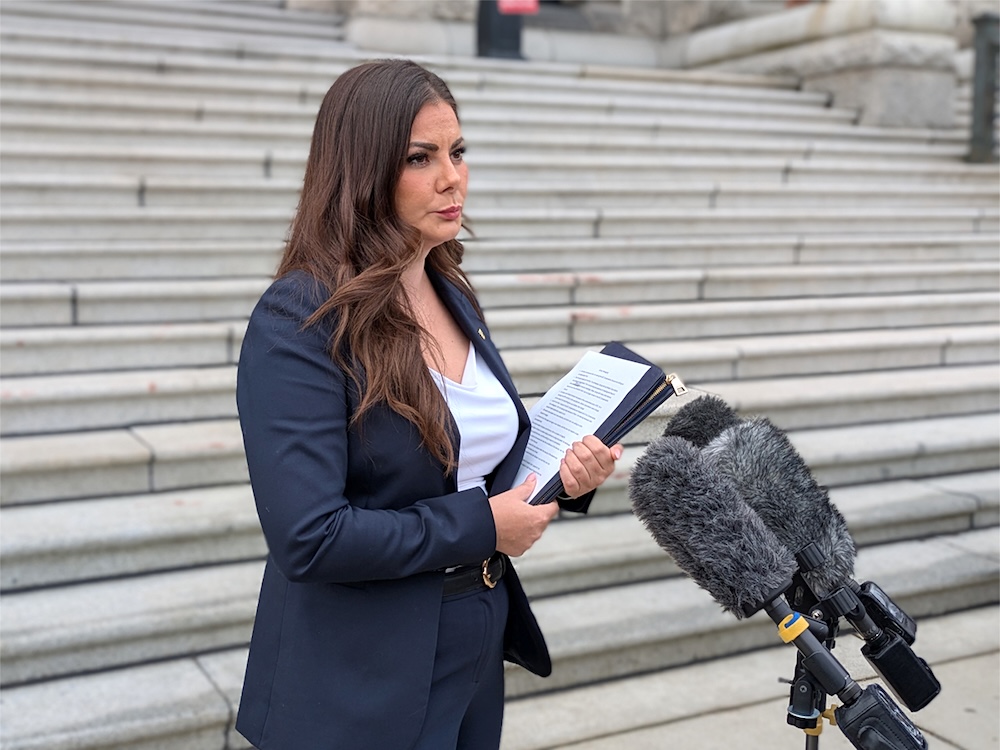 A 40-ish light-skinned woman with long hair stands in the legislature, wearing a black shirt and suit.