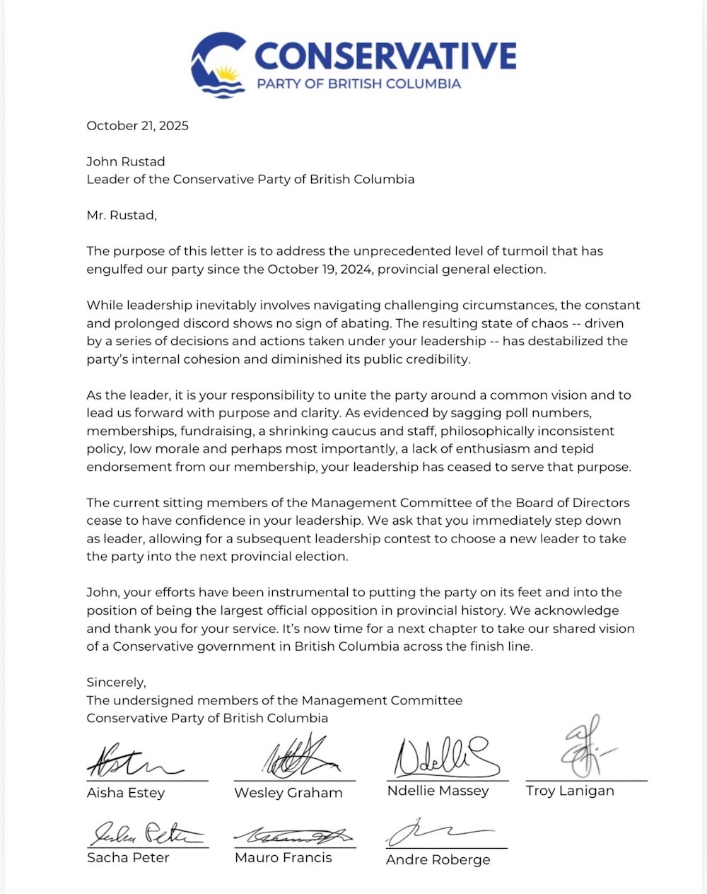 A letter signed by the members of the management committee of the Conservative Party of British Columbia asks John Rustad to resign.