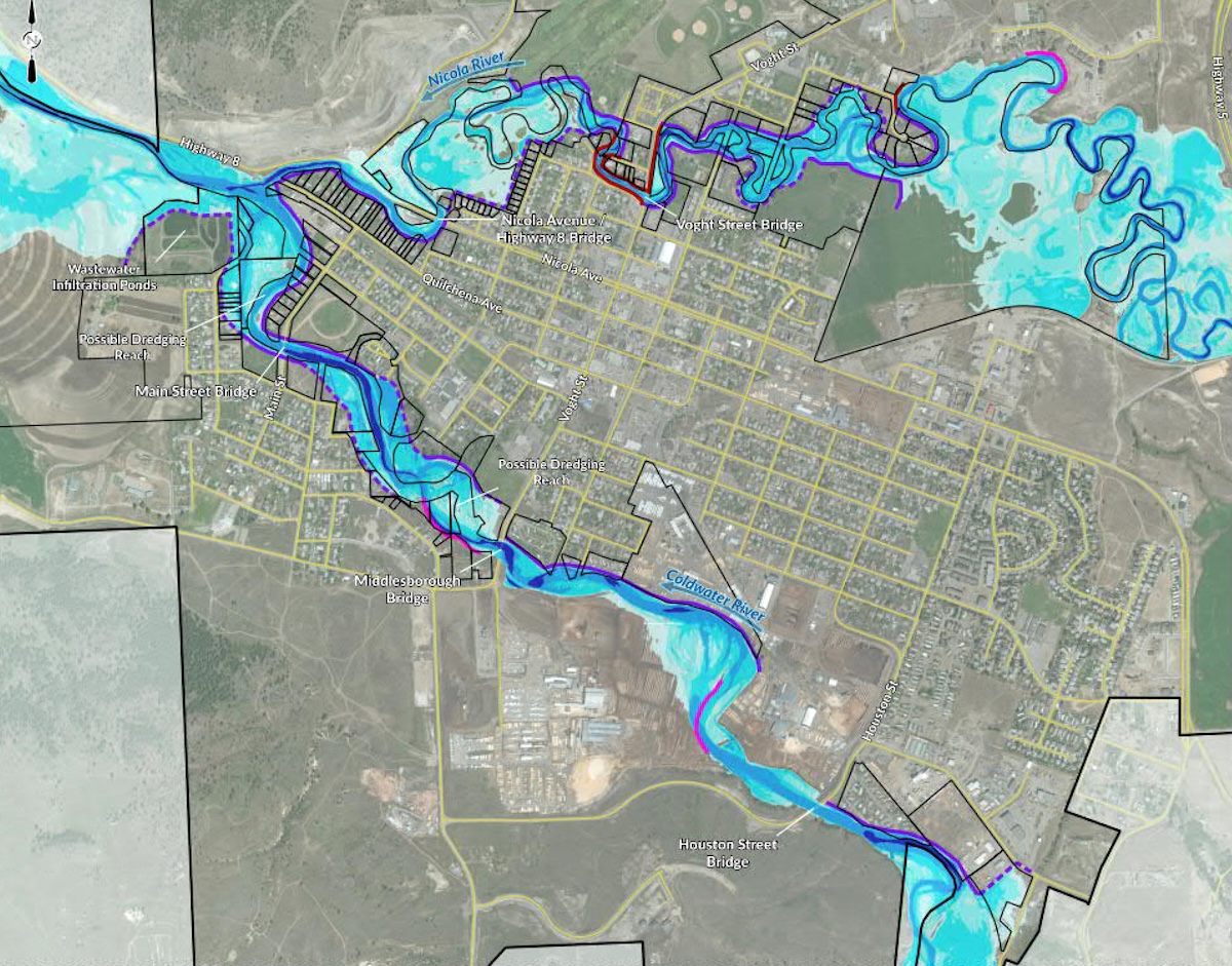 A map shows two rivers flowing through Merritt, with possible dredging reaches and wastewater infiltration ponds.