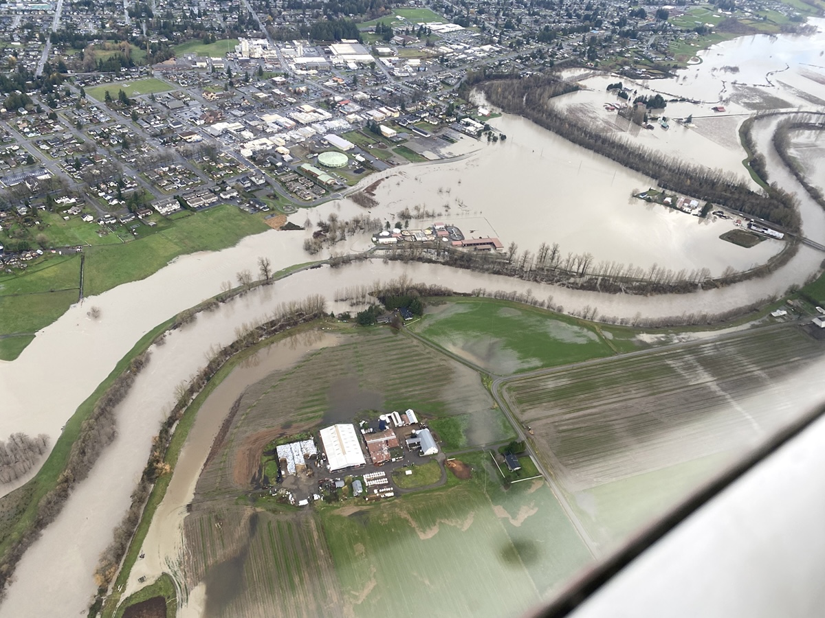 An aerial view of the muddy brown Nooksack River flooding into the adjacent land and properties.