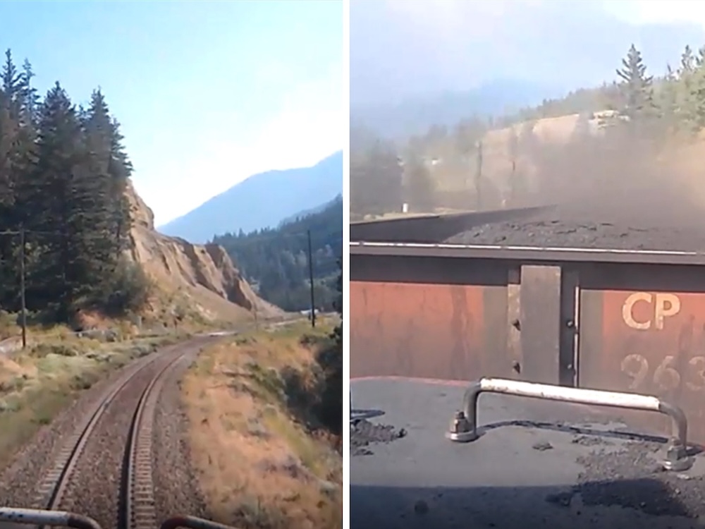 On the left, an image of the front of a train as it passes through the area where a fire is believed to have started. On the right, a close-up image from the top of a train showing coal dust blowing off the top of a pile.