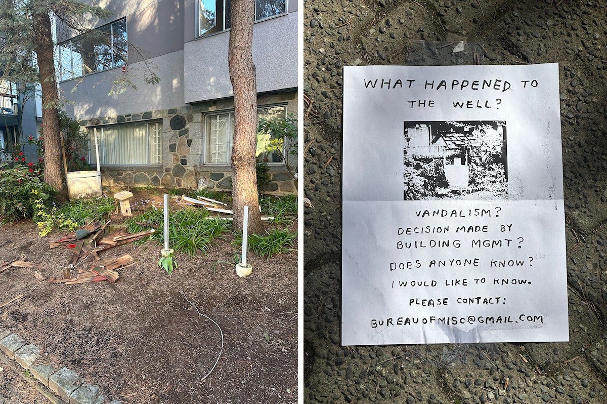 Left: Broken wood is littered on the ground in the front garden of an apartment building. Right: A flyer asks whether residents have information about what happened to the wishing well.