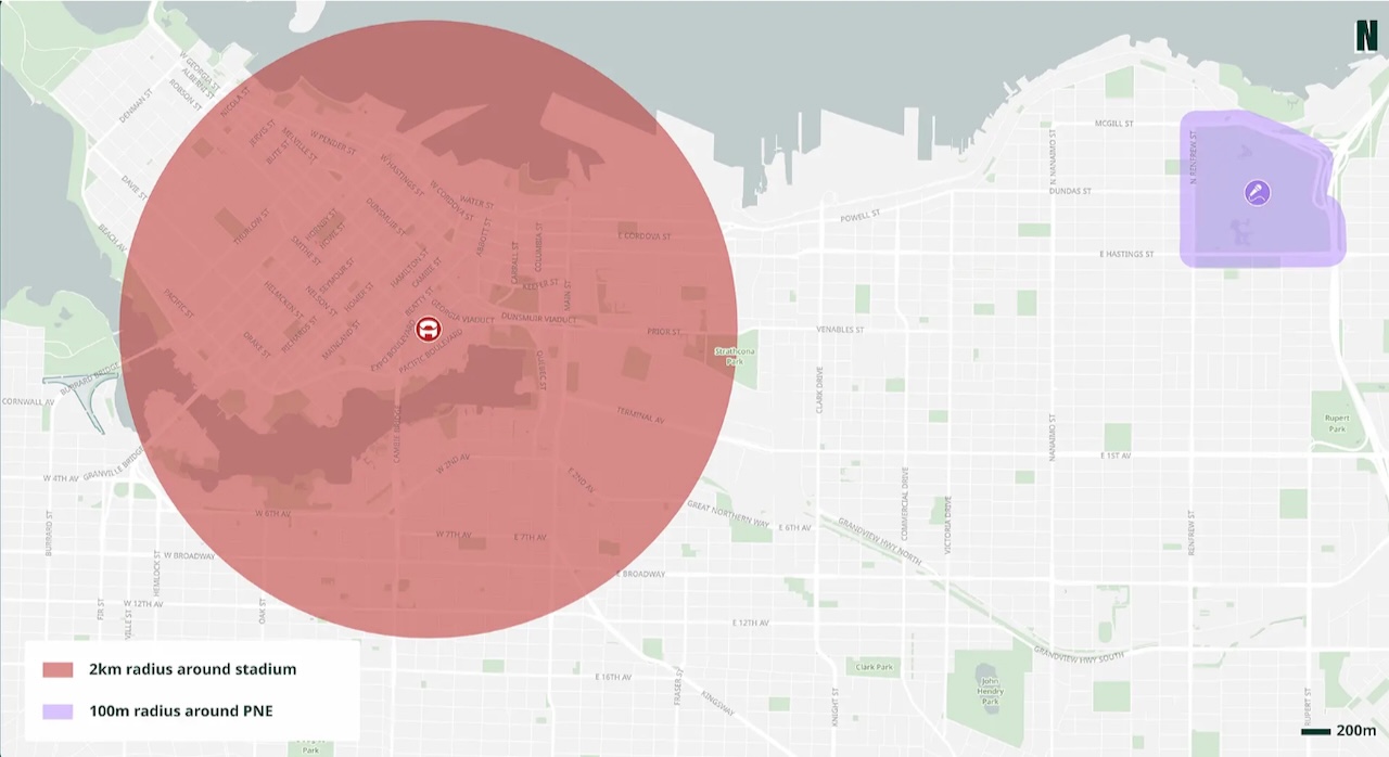 A map of Vancouver with a large red circle covering most of the city&rsquo;s downtown area.
