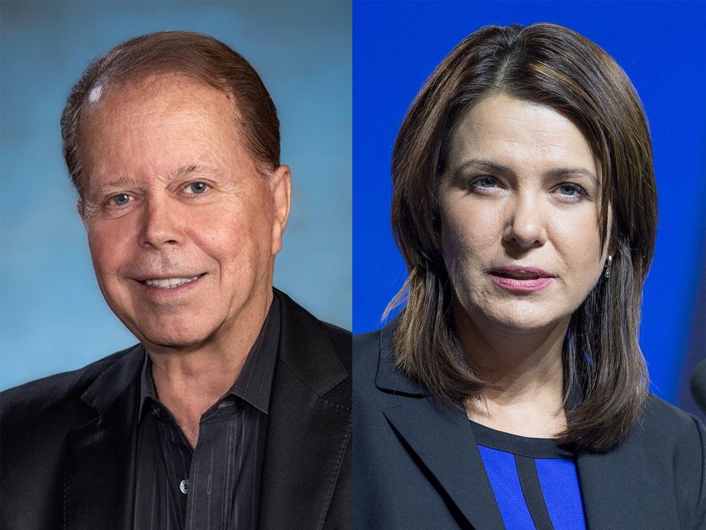 A light skinned middle-aged man in a dress shirt and dark jacket smiles in a portrait to the left. To the right, is a portrait of a light skinned middle aged woman with shoulder length dark hair, Alberta Premier Danielle Smith,wearing a blue blouse and a dark jacket.