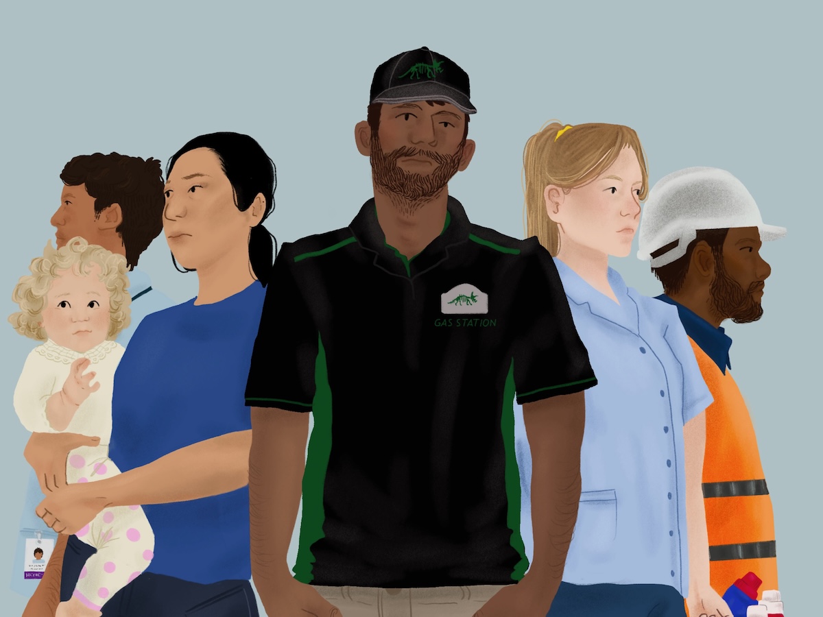 An illustration shows several people representing different jobs, including gas station attendant, nanny, health-care worker and construction worker.