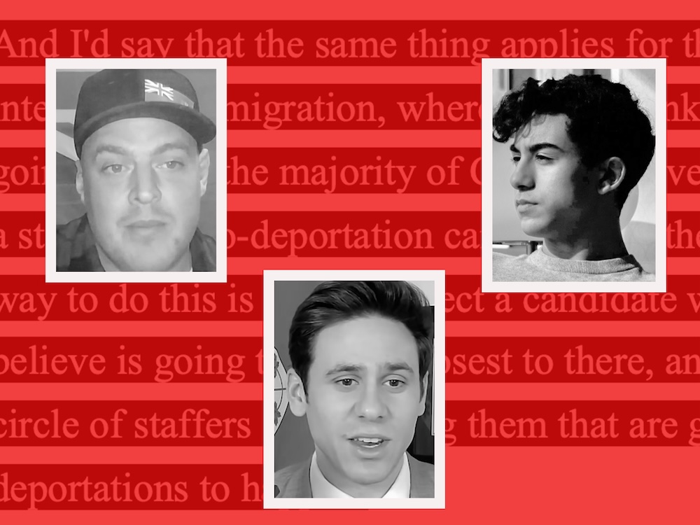 Black and white photos of three men are displayed on a reddish background superimposed with text.