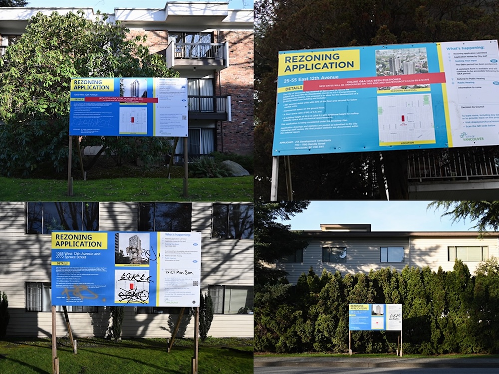 Four photos of Vancouver apartment buildings with redevelopment signs in front of the buildings. A few of the signs have graffiti with statements like &lsquo;Evict Ken Sim.&rsquo;