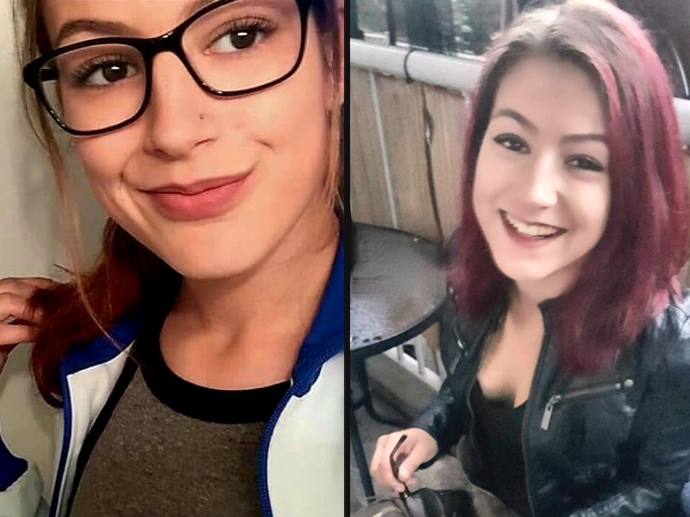 Two photos show a young woman with long brown hair. In one photo she wears glasses. In another she sits on a deck, smiling widely at the camera and wearing a leather jacket.