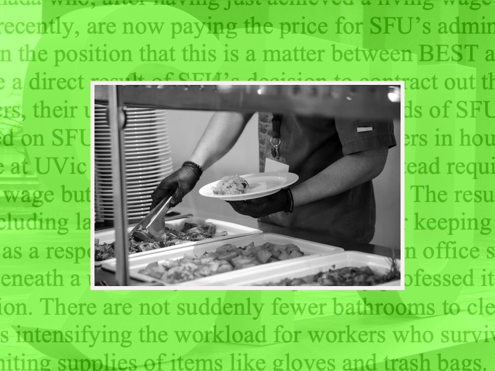 A black and white photo of a person serving food onto a plate is surrounded by the text of a letter on a bright green background.