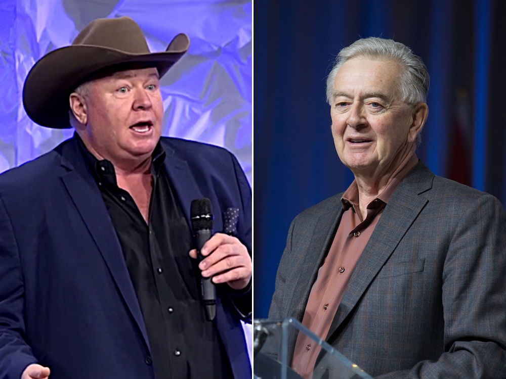 On the left, Jeffrey Rath has a florid light skin tone and wears a brown cowboy hat and a navy blue jacket over a black shirt. On the right, Preston Manning has a light skin tone and thinning grey hair and wears a grey jacket over a brown shirt.