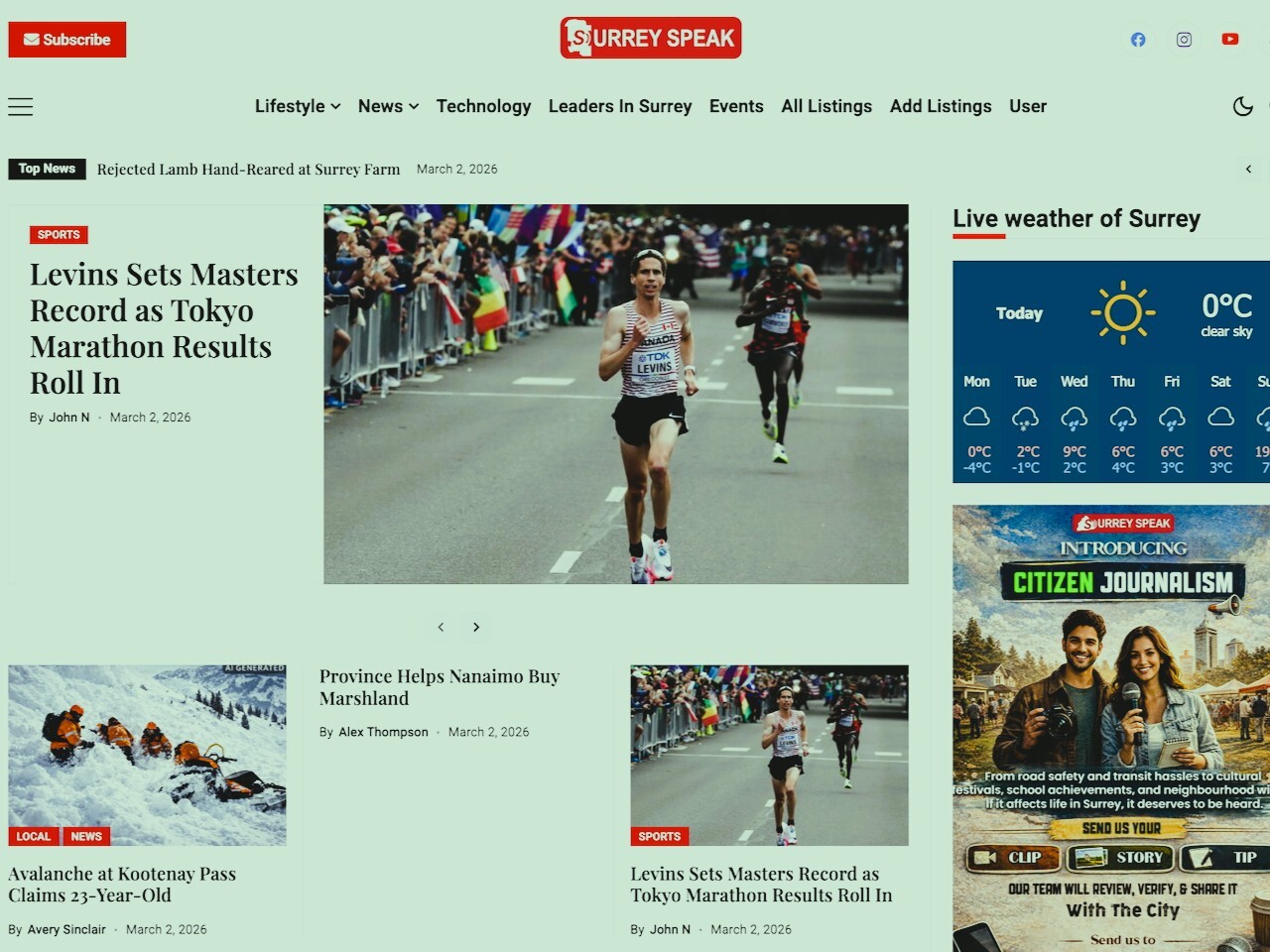 The home page of what looks like a local news site called Surrey Speak, with stories about a marathon, a weather update and an advertisement for &lsquo;citizen journalists.&rsquo;