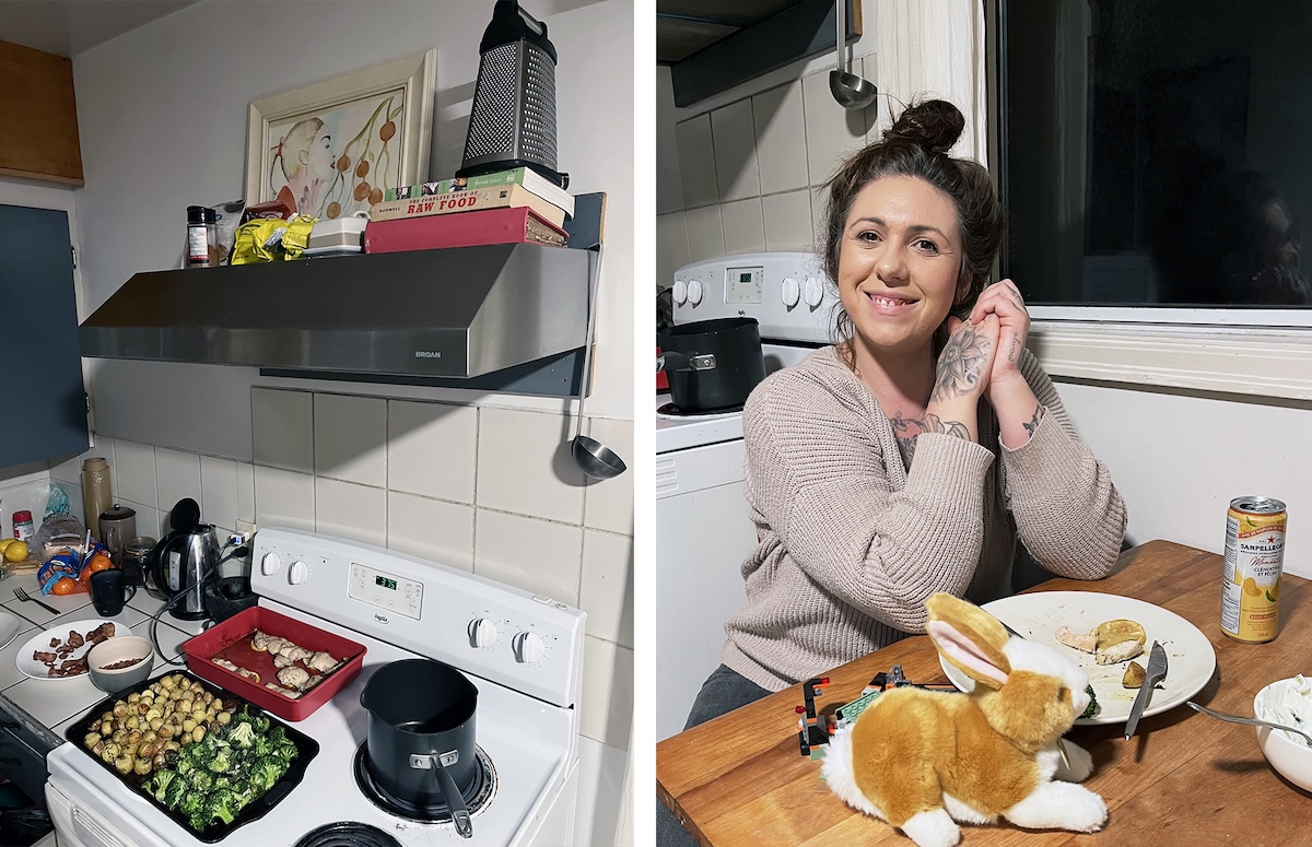 A diptych shows Grace Chaster&rsquo;s kitchen on the left, and Grace Chaster, who has light skin tone and dark hair in an updo, on the right.