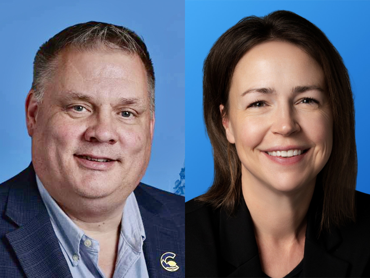 Two photos are side by side. On the left is Peter Milobar, a 56-year-old light-skinned man wearing a suit. On the right is Caroline Elliott, a mid-40s light-skinned woman with dark shoulder-length hair.