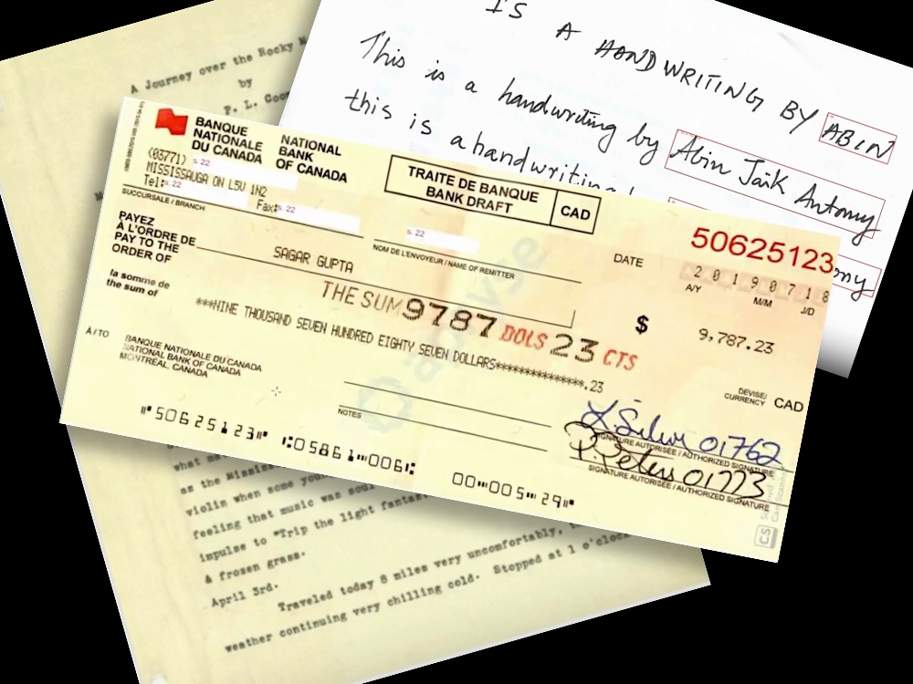Several documents, including a letter and a bank cheque.