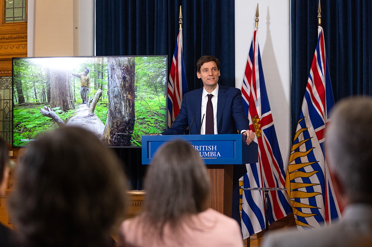 David Eby stands at a lectern in front of provincial flags. To his right, a screen shows a person in a vibrant green forest. 