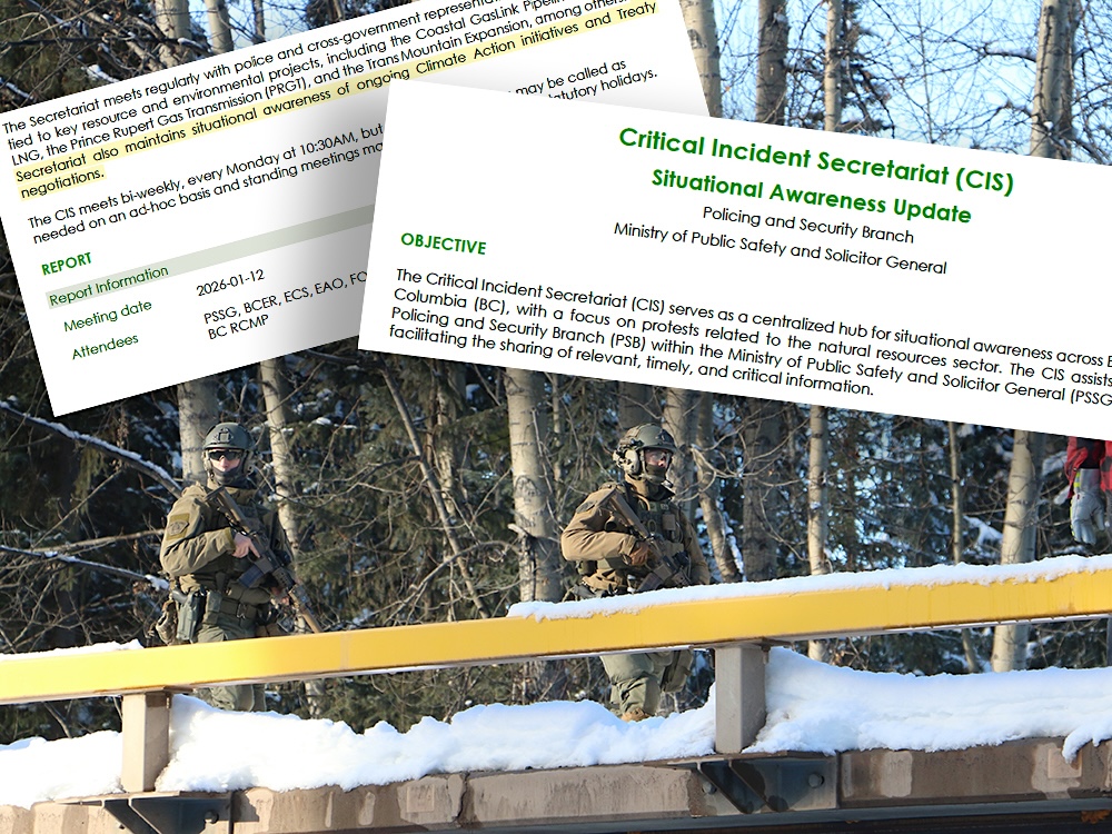 A photo of two police officers in military fatigues carrying assault rifles. Superimposed are report excerpts that read, in part, &lsquo;Critical Incident Secretariat situational awareness update&rsquo; and &lsquo;Secretariat also maintains situational awareness of ongoing climate action initiatives and treaty negotiations.&rsquo;