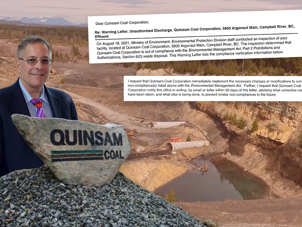 A collage with several images, including a photo of a tailings pond at a rugged mine site, a businessman wearing a suit and a garish tie, and &ldquo;Quinsam Coal&rdquo; printed on a large rock atop a base of gravel.