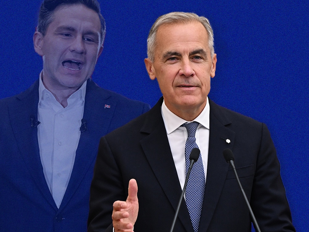 On the left, Pierre Poilievre is a semi-transparent apparition. On the right, Mark Carney is opaque. The background is Conservative-style blue.