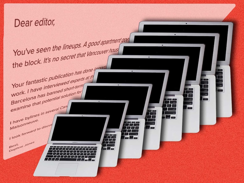 An email to the left of the collage, covered by a cascade of laptops. 