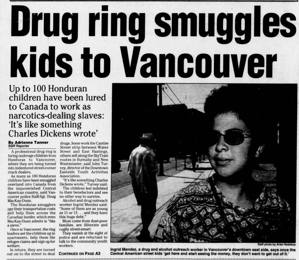 A newspaper article from 1998 that includes a photograph of a woman with short hair wearing sunglasses. The headline is &ldquo;Drug ring smuggles kids to Vancouver.&rdquo;