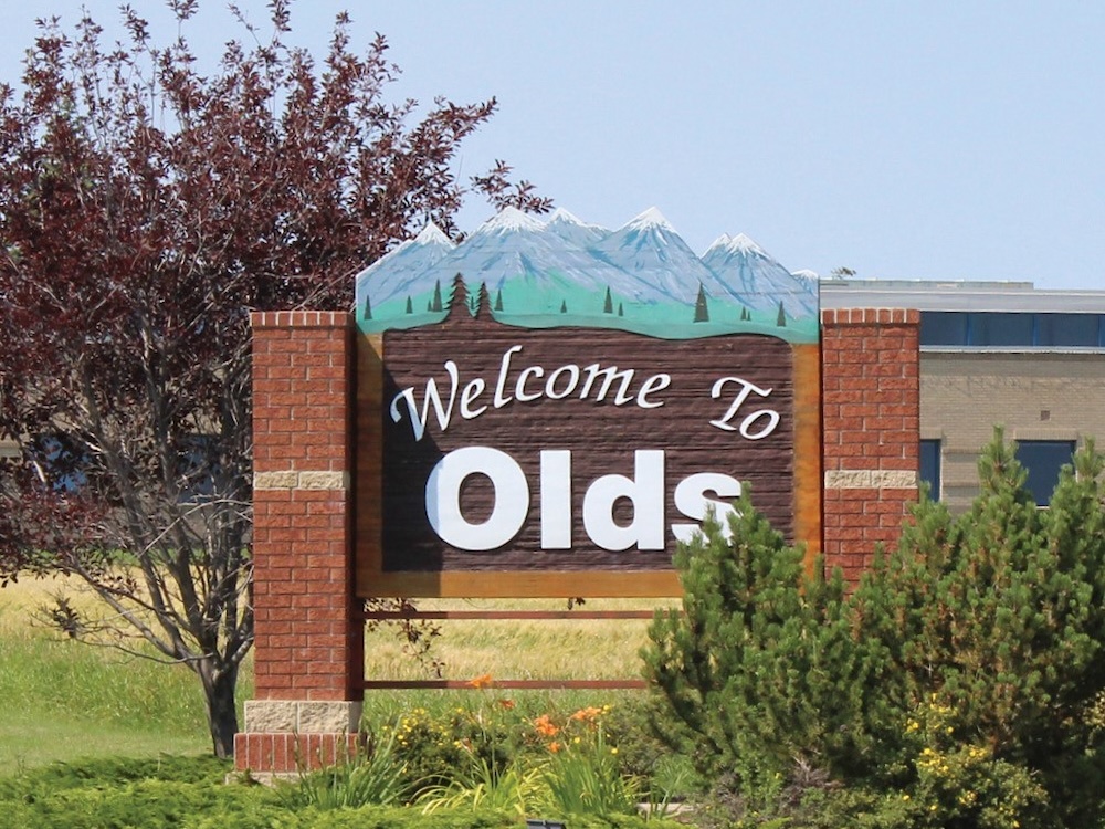 A sign mounted between two brick pillars says &lsquo;Welcome to Olds&rsquo; with snow-capped mountains on top.