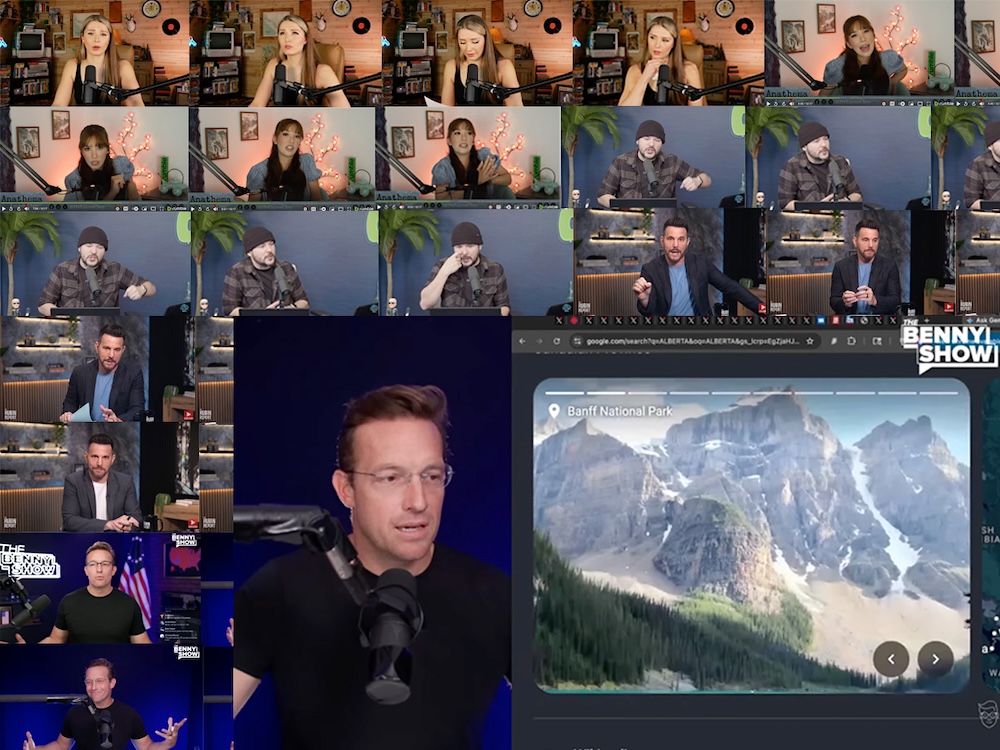 Small images show YouTube video makers talking onscreen. A larger image shows one of the influencers talking while an image of the Rocky Mountains in Banff, Alberta, appears on the screen beside him.
