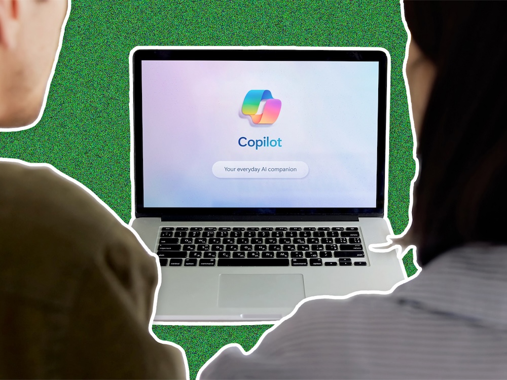 A collage shows two people flanking a laptop that has Microsoft Copilot loaded.