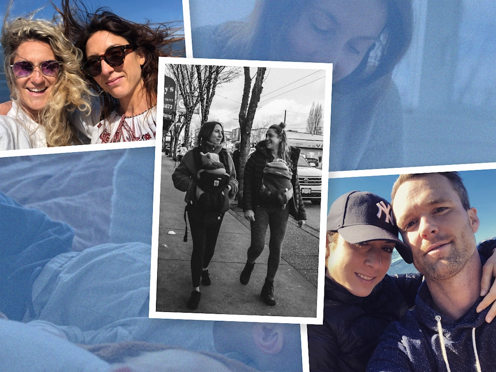 A collage shows photos of two women; two women with baby carriers; and a woman and a man. 