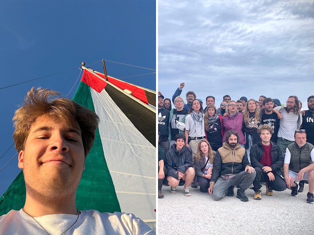A photo on the left shows a young man with dark blond hair, behind him are sails with the symbols of the Palestinian flag. Right, a group of people pose for a photo outdoors.