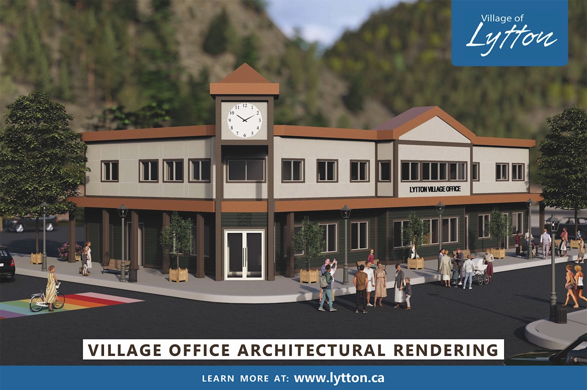 A Lytton Village Office architectural rendering shows a two-storey, two-tone building.