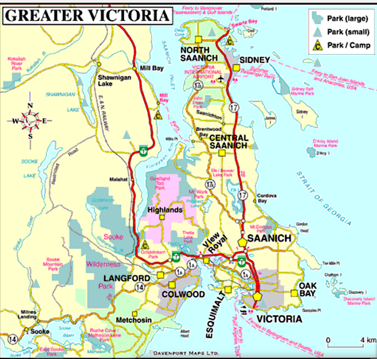 A map of the Greater Victoria area.