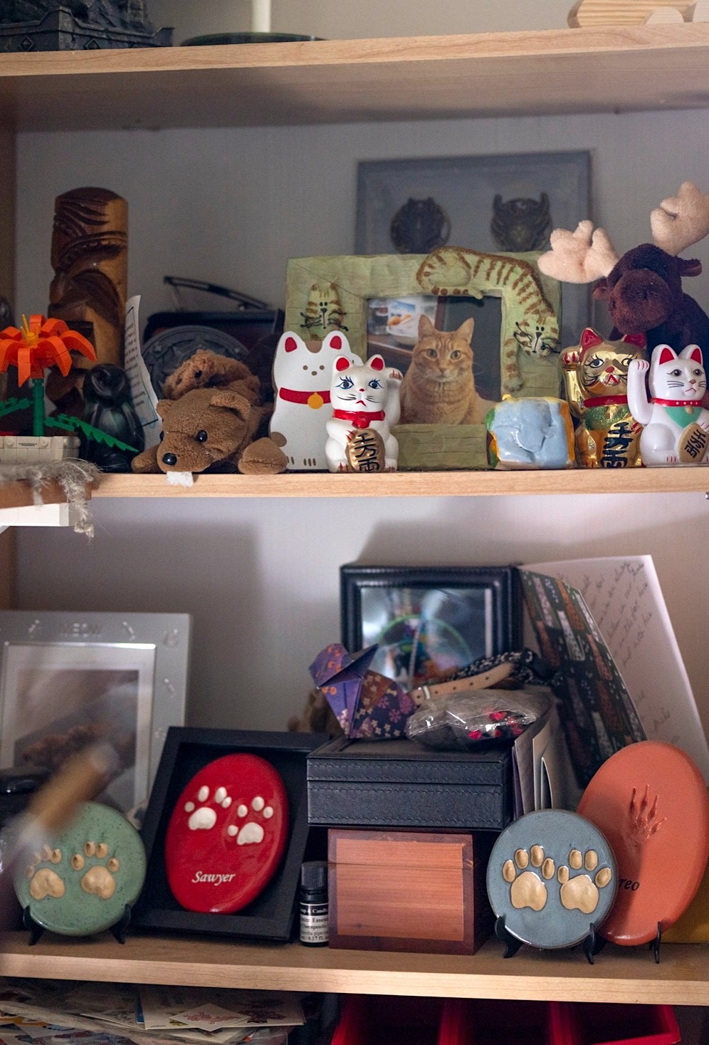Two shelves hold an assortment of cat memorabilia: a framed photo of an orange tabby, several Japanese maneki-neko figurines and ceramic discs with paw prints on them.