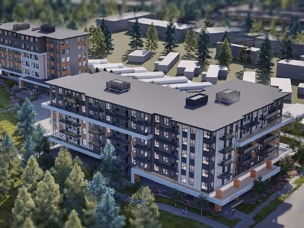 An architectural rendering shows a six-storey apartment building in a wooded area.