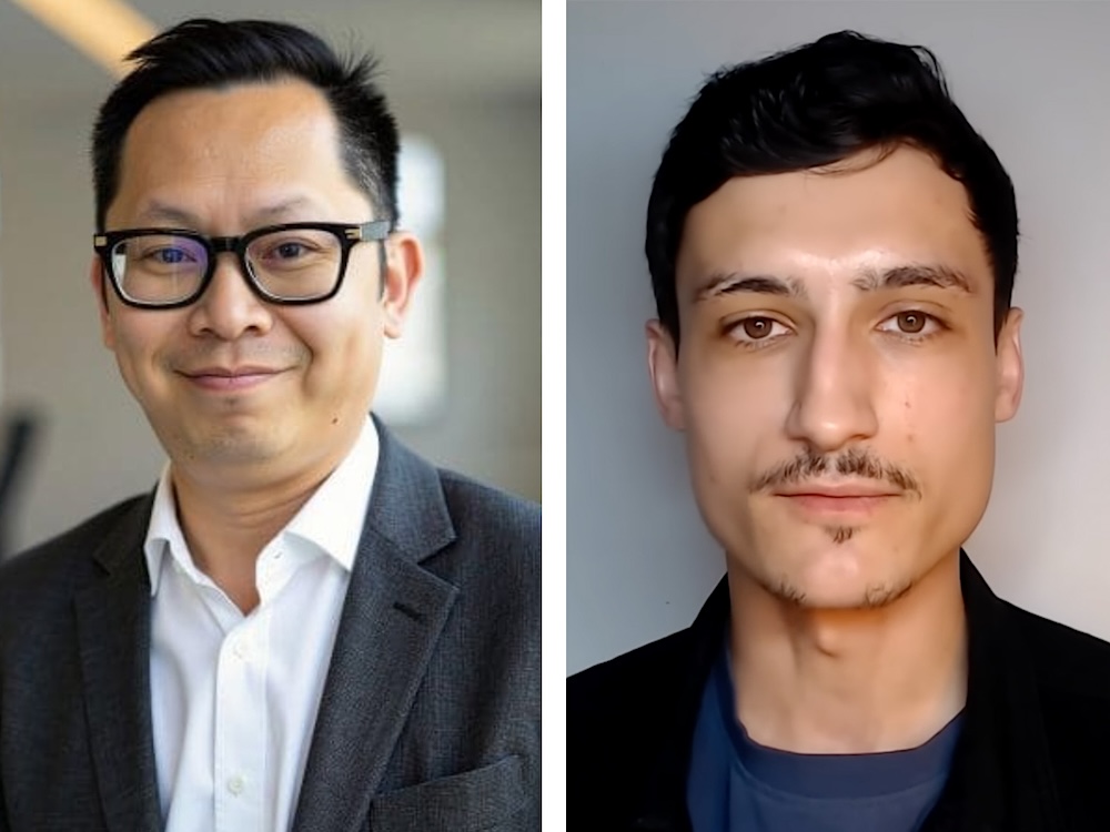 Photos of two men. The man on the left is middle-aged with short black hair and wearing a suit. The man on the right is younger, with short black wavy hair and a sparse moustache.