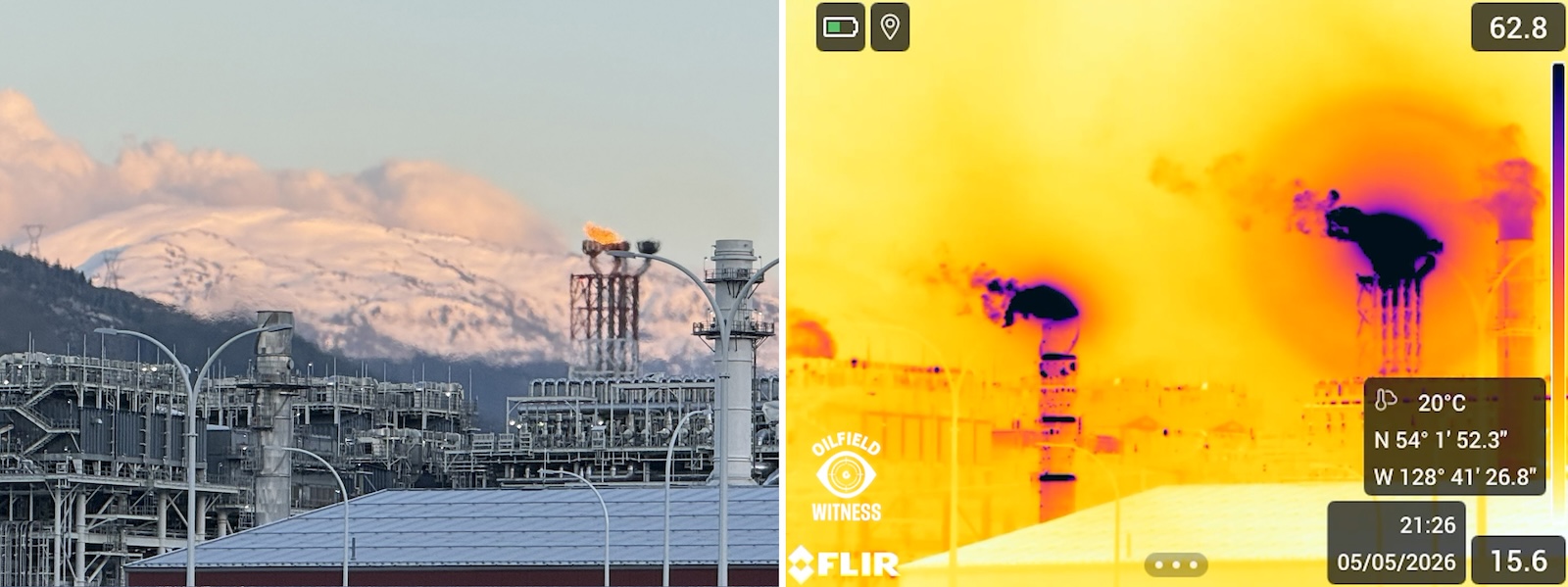 A diptych shows a normal photo on the left. Not much is visibly happening, to the naked eye, in the sky around the facility. On the right, optical gas imaging shows plumes of pollutants streaming from the facility and its exhaust stacks.