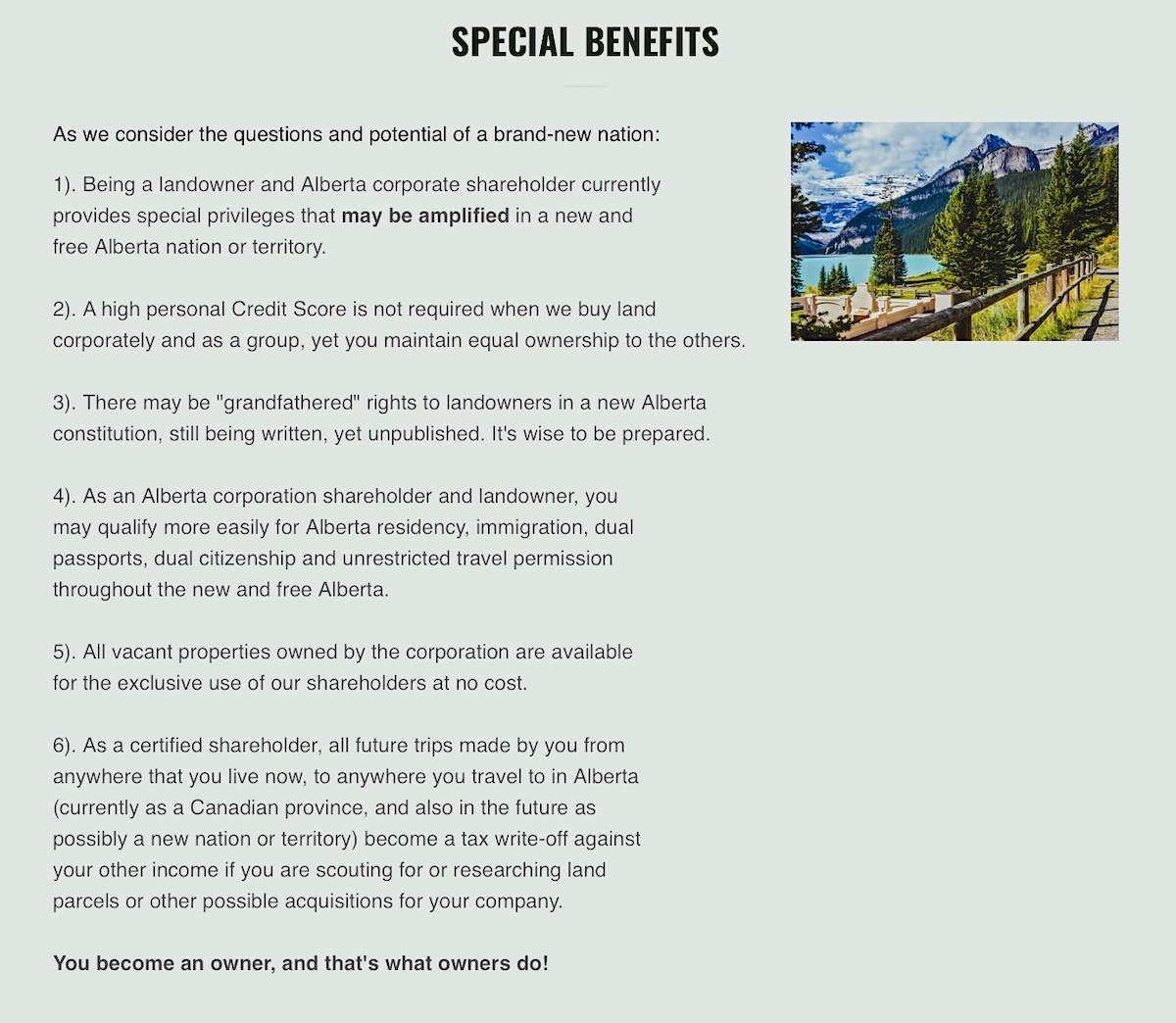 Screenshot from a section of the FreeAlbertaLand website titled &lsquo;Special Benefits.&rsquo;
