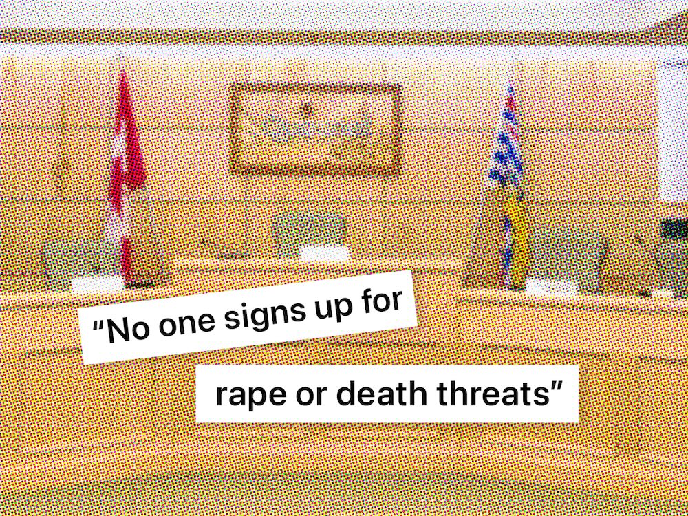 A pixelated image of a council room with the following quote overlaid: &lsquo;No one signs up for rape or death threats.&rsquo;
