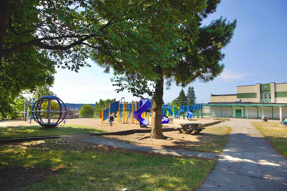 The view of an elementary school playground features tall leafy trees and colourful equipment.