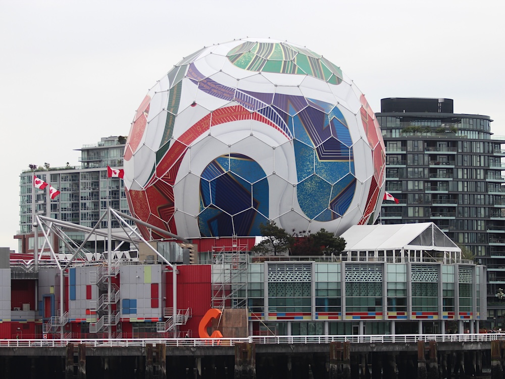 Science World&rsquo;s dome-shaped building is decorated like a huge soccer ball during the 2026 FIFA World Cup.