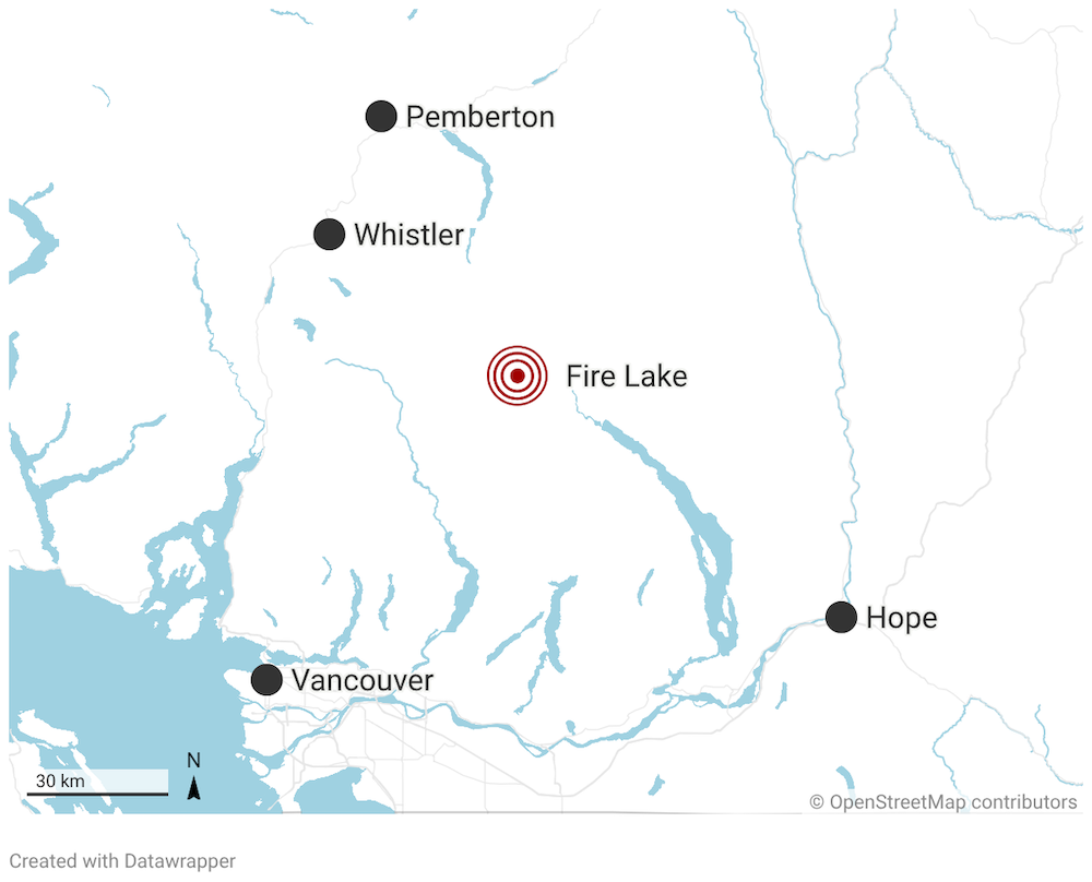 A map shows the location of Fire Lake, northeast of Vancouver and southeast of Whistler.