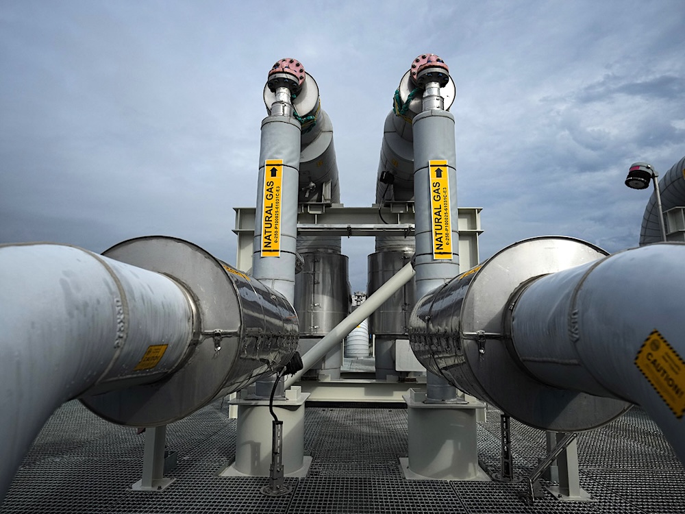 Piping is seen on the top of a receiving platform of a natural gas pipeline terminus in Kitimat, B.C.