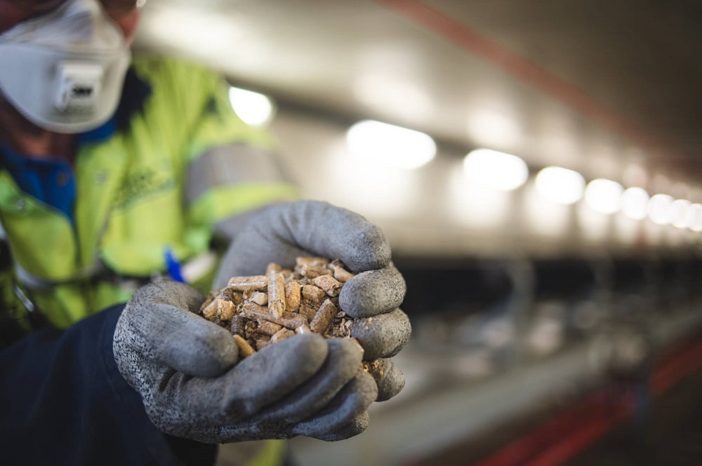 An engineer in a green jacket holds a handful of wood pellets in his gloved hand. He is wearing a white mask. The room he stands in is dimly lit.