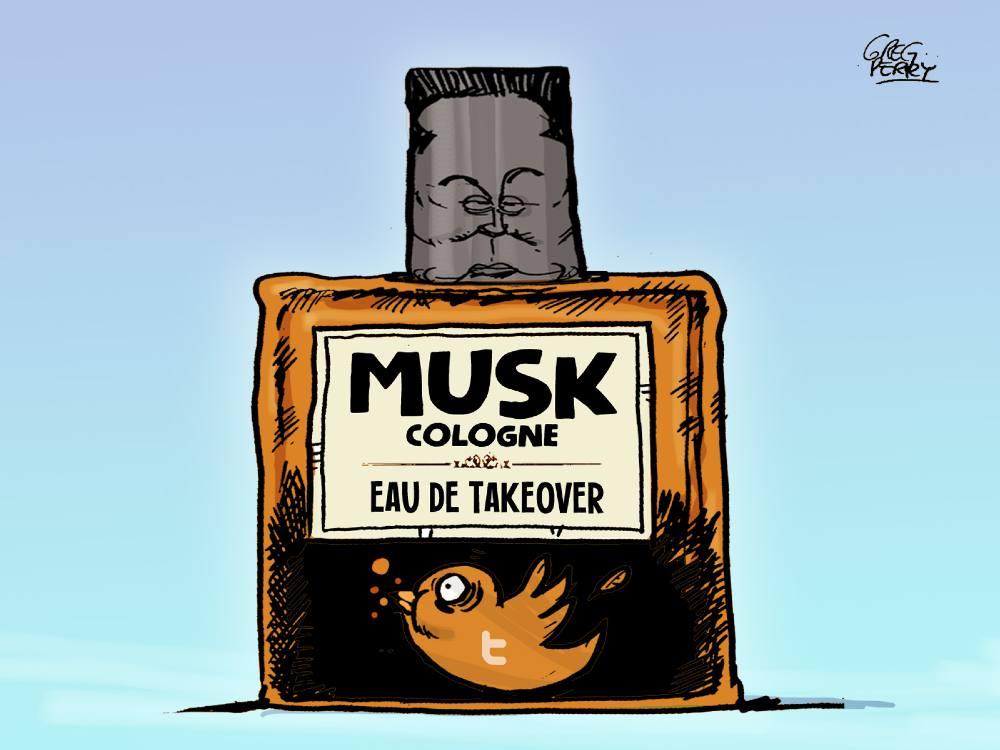 A cartoon of a cologne bottle titled "Musk Cologne &mdash; Eu de Takeover." Inside the bottle is an unhappy looking orange fish with a Twitter logo on its side. A rendition of Musk's face is superimposed on the bottle's top. 