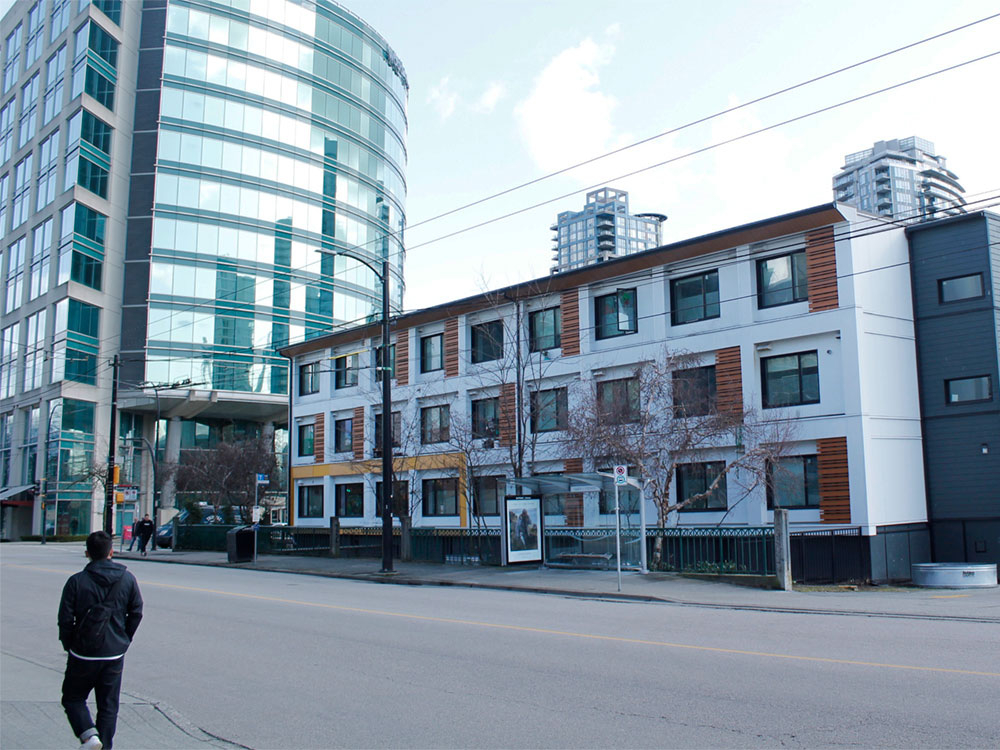 An external shot of modular housing at Larwill Place.