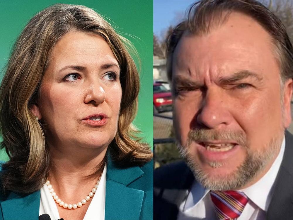 On the left, Danielle Smith, a woman with shoulder-length brown hair is speaking. On the right, a closeup of Artur Pawlowski, speaking to the person behind the camera.