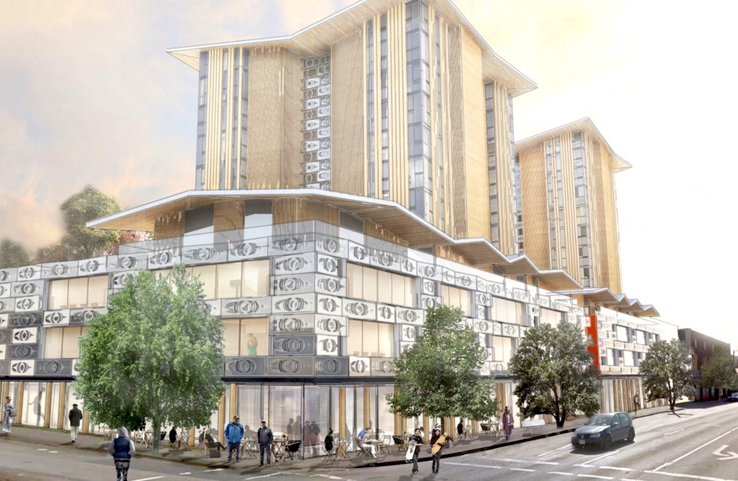 An artist&rsquo;s rendering shows a mixed use development with three mid-rise towers with street level retail units.