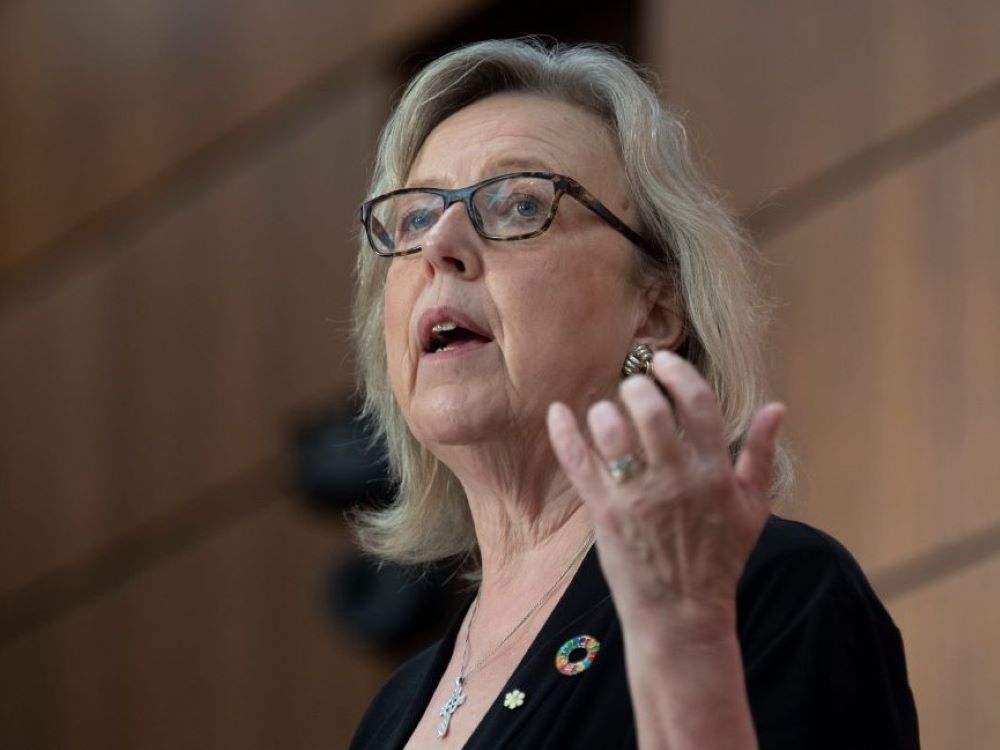 A white woman with grey hair and glasses, Saanich-Gulf Islands MP and Green Party of Canada co-leader Elizabeth May, speaks to an unseen audience.